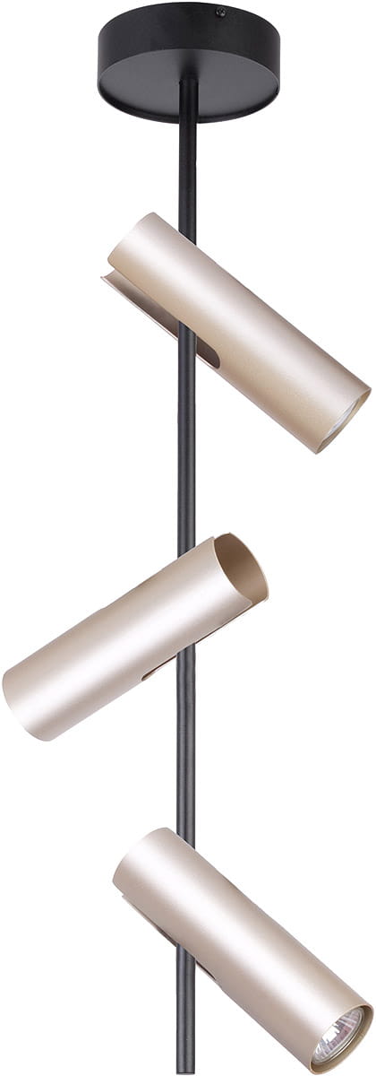 Czarna lampa sufitowa 3-punktowa Leda z metalowymi kloszami w kolorze złotym. Klosze są ustawione pod różnymi kątami, zawieszone na cienkiej, prostokątnej rurze. Lampa ma minimalistyczny design, idealna do nowoczesnych wnętrz.
