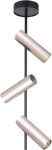Czarna lampa sufitowa 3-punktowa Leda z metalowymi kloszami w kolorze złotym. Klosze są ustawione pod różnymi kątami, zawieszone na cienkiej, prostokątnej rurze. Lampa ma minimalistyczny design, idealna do nowoczesnych wnętrz.