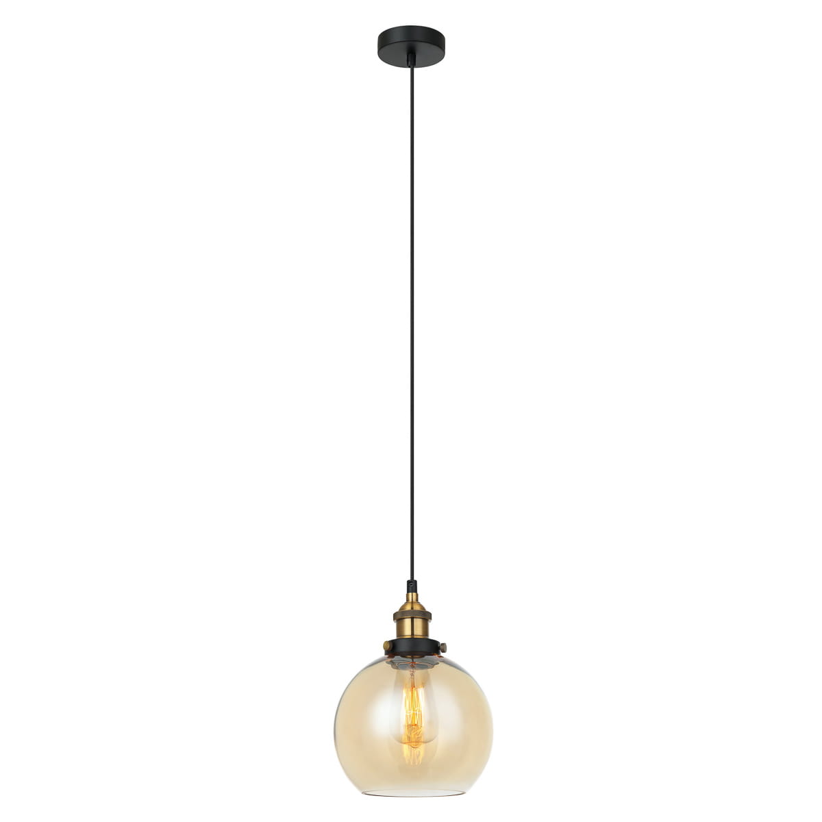 Lampa wisząca Cardena 1-punktowa MDM-4330/1 w kolorze złotym i ambrowym. Okrągła, transparentna szklana kula z widoczną żarówką, zawieszona na cienkim, czarnym przewodzie, montowana sufitowo.