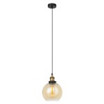 Lampa wisząca Cardena 1-punktowa MDM-4330/1 w kolorze złotym i ambrowym. Okrągła, transparentna szklana kula z widoczną żarówką, zawieszona na cienkim, czarnym przewodzie, montowana sufitowo.
