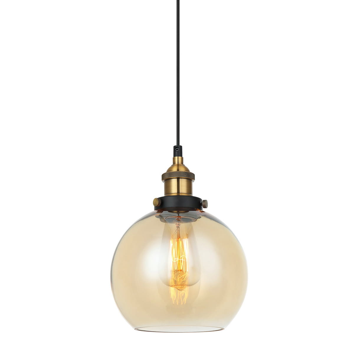 Lampa wisząca Cardena 1-punktowa MDM-4330/1 w kolorze złotym i ambrowym. Szklana kula z widoczną żarówką, metalowe wykończenia w odcieniu złota, zawieszona na czarnym kablu. Design industrialny, idealna do nowoczesnych wnętrz.