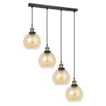 Lampa wisząca 4-punktowa Cardena MDM-4330/4 w kolorze złotym i przezroczystym. Cztery szklane klosze w kształcie kul, zawieszone na czarnym stelażu, z widocznymi żarówkami. Idealna do nowoczesnych wnętrz.