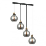 Lampa wisząca Cardena 4-punktowa MDM-4330/4 GD+SG z czterema szklanymi kloszami w kształcie kul, w kolorze szarym, zawieszona na czarnej konstrukcji. Klosze z widoczną żarówką, metalowe detale w kolorze złotym.