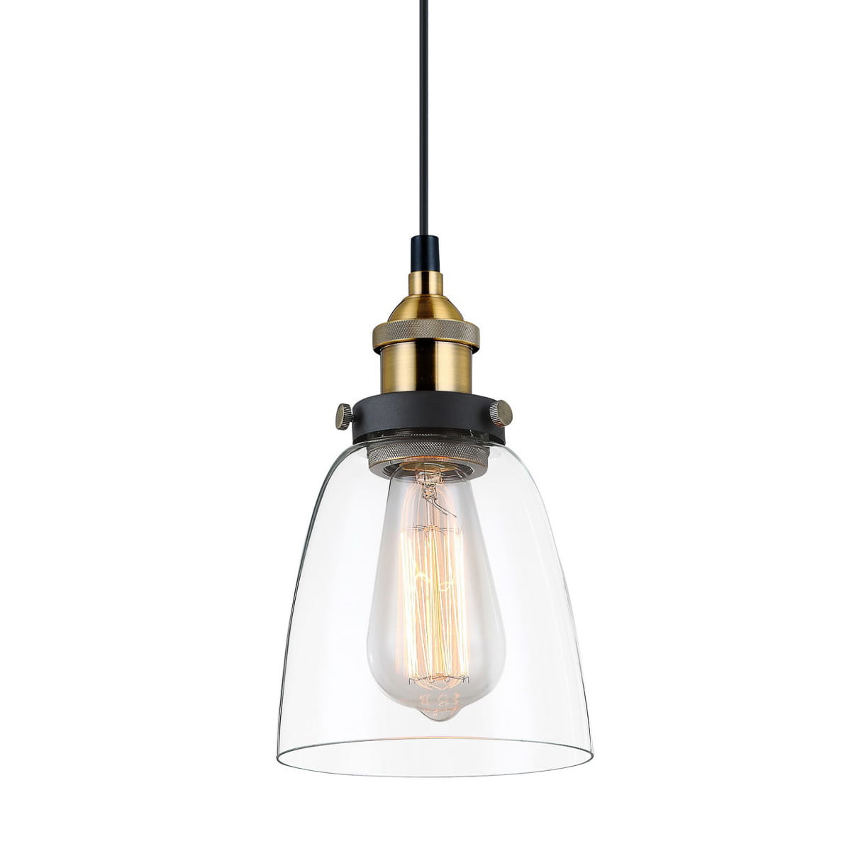 Lampa wisząca Francis 1-punktowa MDM-2563/1 GD+CL. Złota oprawa z metalowymi detalami, przezroczysta szklana klosz w kształcie stożka, widoczna żarówka E27. Zawieszona na czarnym przewodzie, idealna do nowoczesnych wnętrz.