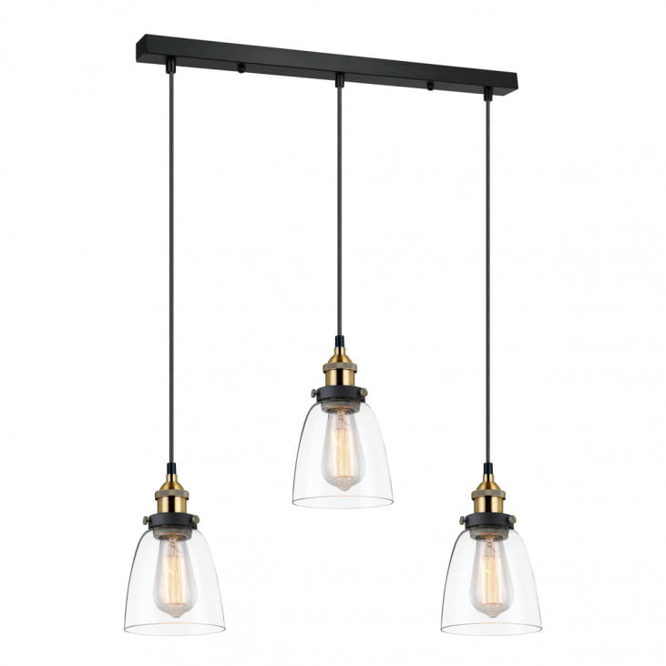 Lampa wisząca Francis 3-punktowa MDM-2563/3 z czarnym stelażem, zawieszone trzy klosze ze szkła w kształcie dzwonu, złote detale przy mocowaniach, idealna do nowoczesnych wnętrz, zawieszona na długich linkach.