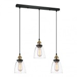 Lampa wisząca Francis 3-punktowa MDM-2563/3 z czarnym stelażem, zawieszone trzy klosze ze szkła w kształcie dzwonu, złote detale przy mocowaniach, idealna do nowoczesnych wnętrz, zawieszona na długich linkach.
