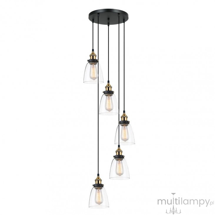 Lampa wisząca Francis 5-punktowa, z czarnym mocowaniem i pięcioma szklanymi kloszami w kształcie dzwonu, zawieszona na czarnych przewodach. Elementy metalowe w kolorze złotym, żarówki widoczne w kloszach.