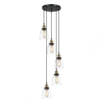 Lampa wisząca Francis 5-punktowa, z czarnym mocowaniem i pięcioma szklanymi kloszami w kształcie dzwonu, zawieszona na czarnych przewodach. Elementy metalowe w kolorze złotym, żarówki widoczne w kloszach.