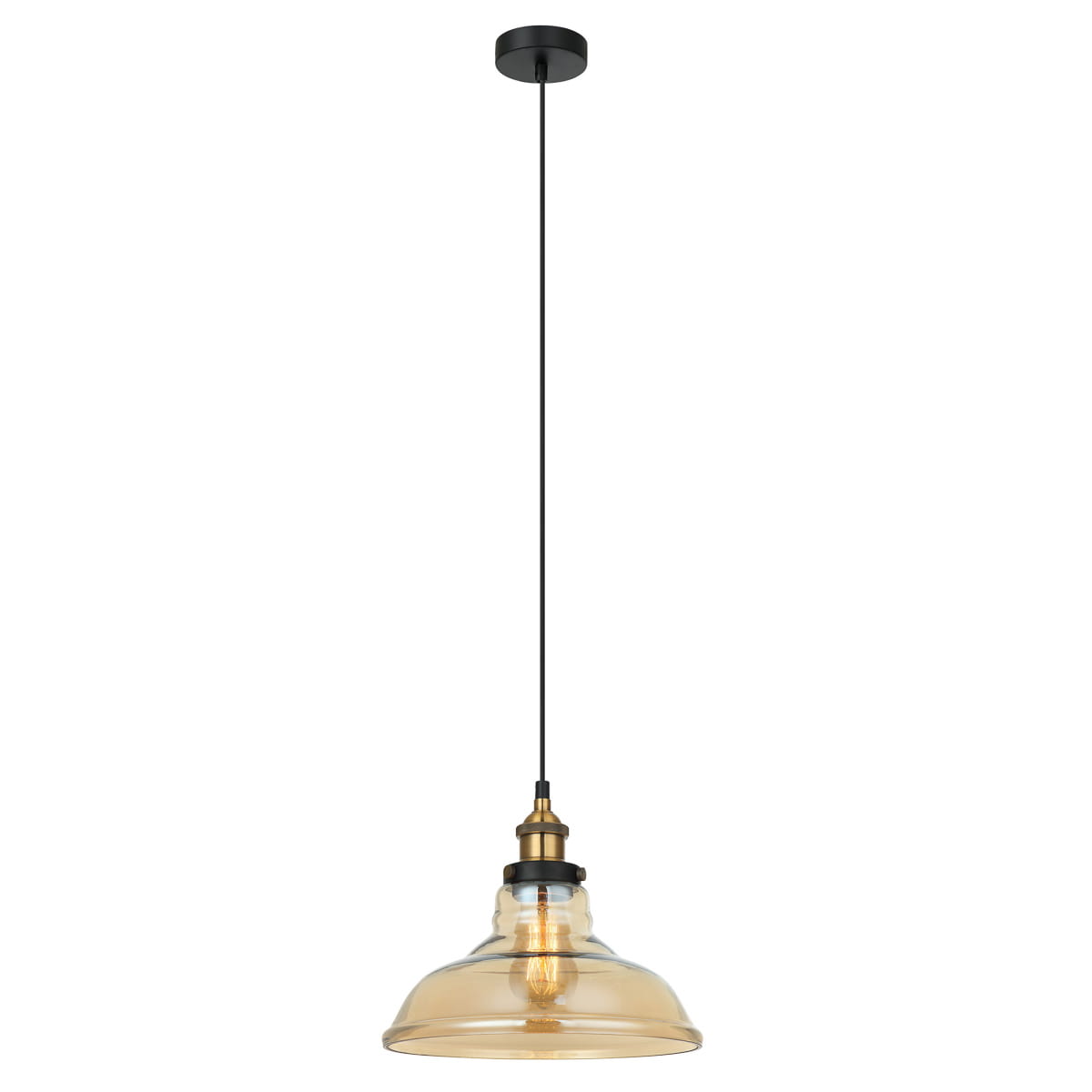 Lampa wisząca Hubert MDM-2381/1 GD+AMB w stylu industrialnym. Szklany klosz w złotym odcieniu, metalowe elementy w kolorze czarnym i mosiądzu. Zawieszona na długim, cienkim kablu. Idealna do nowoczesnych wnętrz.