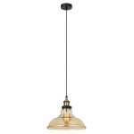 Lampa wisząca Hubert MDM-2381/1 GD+AMB w stylu industrialnym. Szklany klosz w złotym odcieniu, metalowe elementy w kolorze czarnym i mosiądzu. Zawieszona na długim, cienkim kablu. Idealna do nowoczesnych wnętrz.