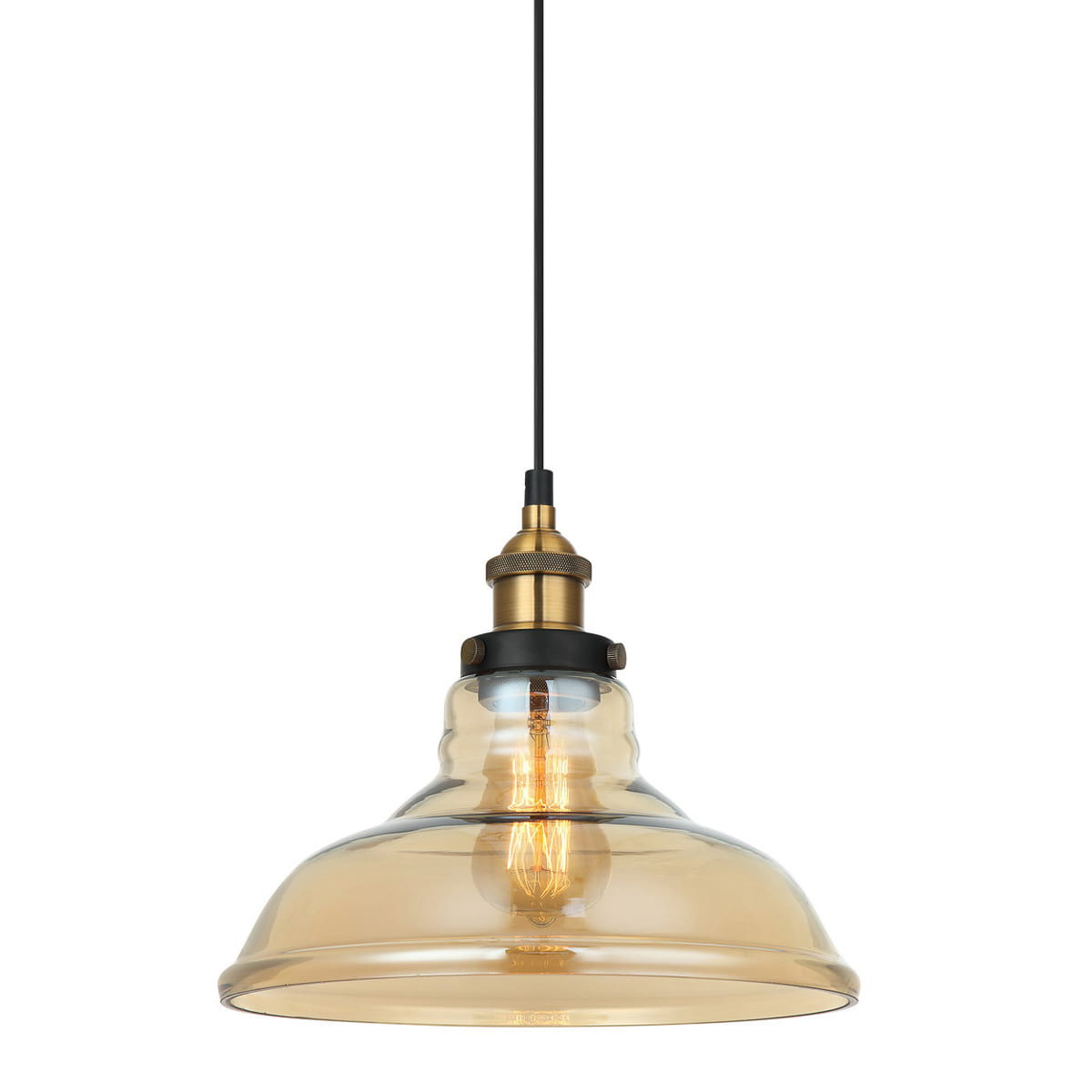 Lampa wisząca Hubert 1-punktowa MDM-2381/1 w kolorze złotym z przezroczystym kloszem. Zawieszona na czarnym przewodzie, z widoczną żarówką. Klosz o zaokrąglonym kształcie, metalowe elementy w odcieniu mosiądzu.