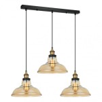Lampa wisząca Hubert MDM-2381/3 z trzema kloszami w kolorze ambrowym, zawieszona na czarnej metalowej konstrukcji. Klosze mają okrągły kształt i są przezroczyste, z widocznymi żarówkami. Wisi na cienkich linkach, tworząc nowoczesny design.