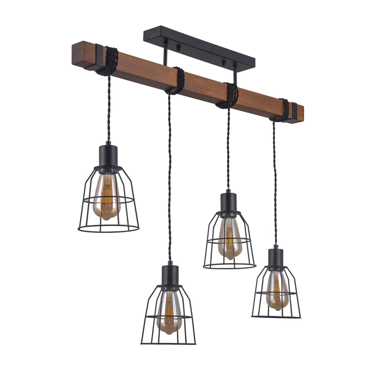 Lampa wisząca Reda 4-punktowa z drewnianym stelażem w kolorze brązowym. Cztery klosze w metalowej siatce, zawieszone na czarnych linkach. Nowoczesny design, idealna do industrialnych wnętrz.
