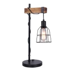 Lampka stołowa Ponte 1-punktowa TB-4290-1, z drewnianym detalem u góry, metalową podstawą w kolorze czarnym oraz kloszem w formie siatki, zawieszona na cienkim przewodzie. Produkt ustawiony w pozycji stojącej na jednolitym tle.