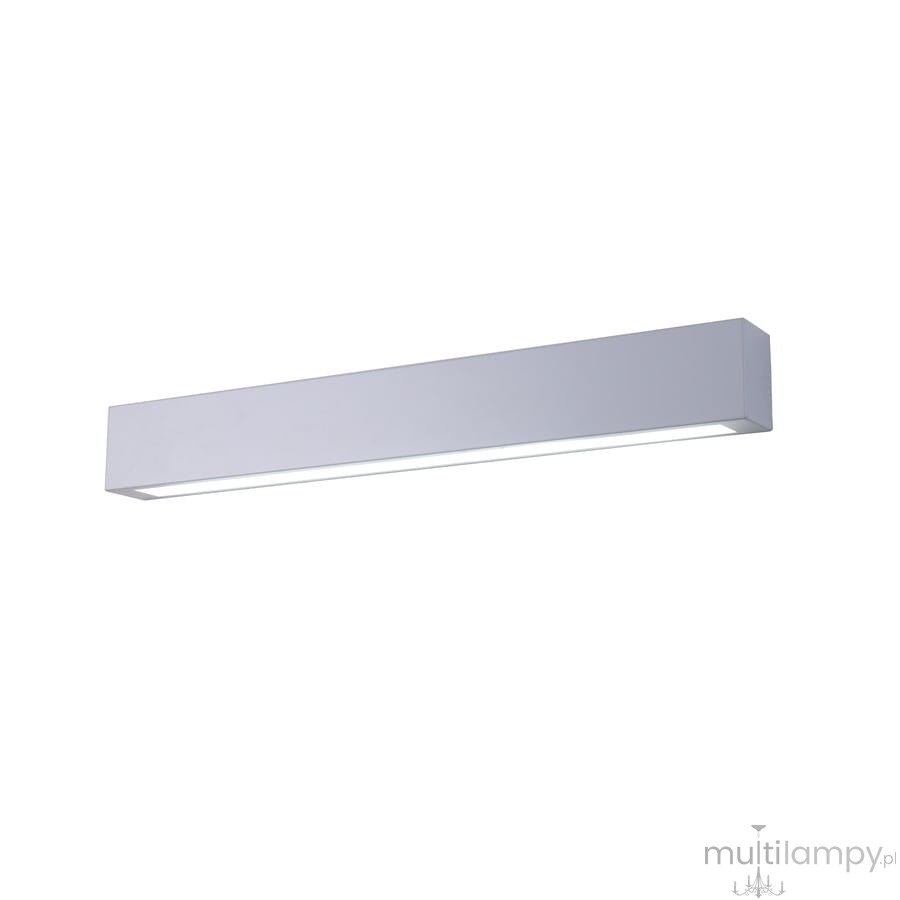 Biały kinkiet LED Ibros IP44 o długości 63 cm i mocy 9W, w prostokątnym kształcie. Ujęcie frontalne, produkt zamontowany na ścianie, z widocznym źródłem światła w linii prost. Idealny do oświetlenia wnętrz.