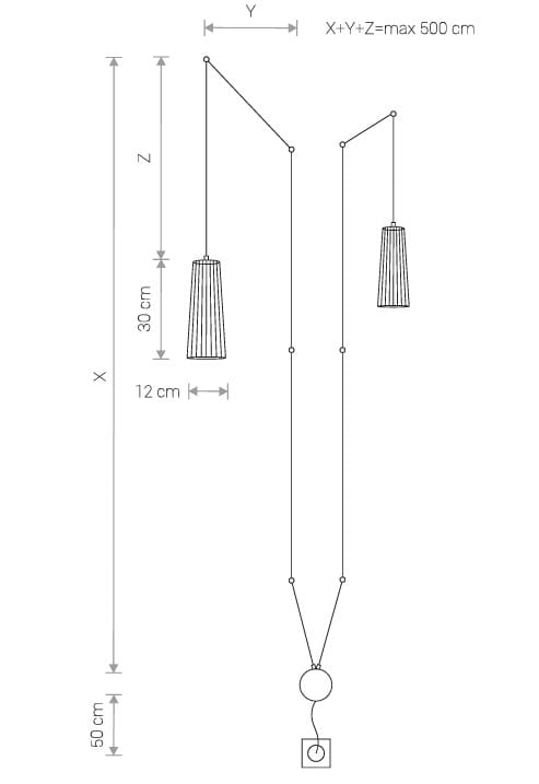 Czarny kinkiet Dover z dwiema lampami, w kształcie cylindrycznych kloszy. Wysokość całkowita 50 cm, szerokość 12 cm. Klosze zawieszone na cienkich linkach, idealny do nowoczesnych wnętrz. Wymiary i sposób montażu widoczne na schemacie.