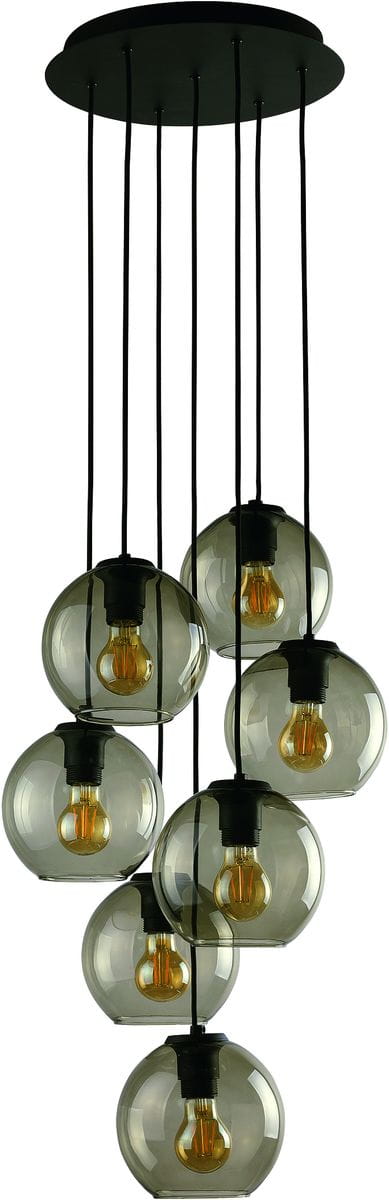 Lampa wisząca Vetro 7-punktowa 9131 z siedmioma szklanymi kloszami w kolorze szarym, zawieszona na długich czarnych przewodach. Klosze mają widoczne żarówki w stylu retro, zamontowane na okrągłej, czarnej podstawie. Idealna do nowoczesnych wnętrz.