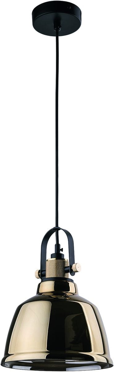Lampa wisząca Amalfi D20 w kolorze złotym, z metalowym kloszem w kształcie dzwonu. Produkt zawieszony na cienkim czarnym kablu, z dekoracyjnym mocowaniem przy suficie. Klosz błyszczący, elegancki, idealny do nowoczesnych wnętrz.