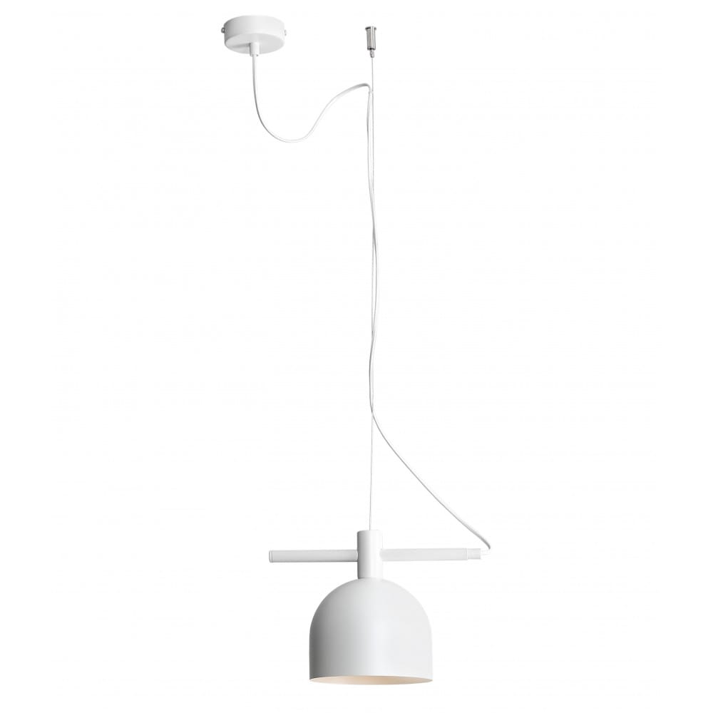 Biała lampa wisząca Beryl z jednym punktem świetlnym. Okrągła, gładka czasza z matowego materiału, zawieszona na białym przewodzie. Prosta, minimalistyczna forma, montowana do sufitu.