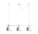 Lampa wisząca Beryl 3-punktowa w białym kolorze. Składa się z trzech okrągłych kloszy zawieszonych na poziomej rurze. Klosze mają matową powierzchnię i znajdują się na różnych wysokościach. Kabel i mocowanie sufitowe również w białym kolorze.