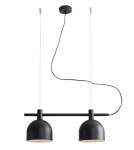 Lampa wisząca Beryl 2-punktowa w kolorze czarnym, z dwoma okrągłymi kloszami i metalową konstrukcją. Zawieszona na cienkich linkach, z widocznym kablem. Prosty, nowoczesny design, idealna do wnętrz.