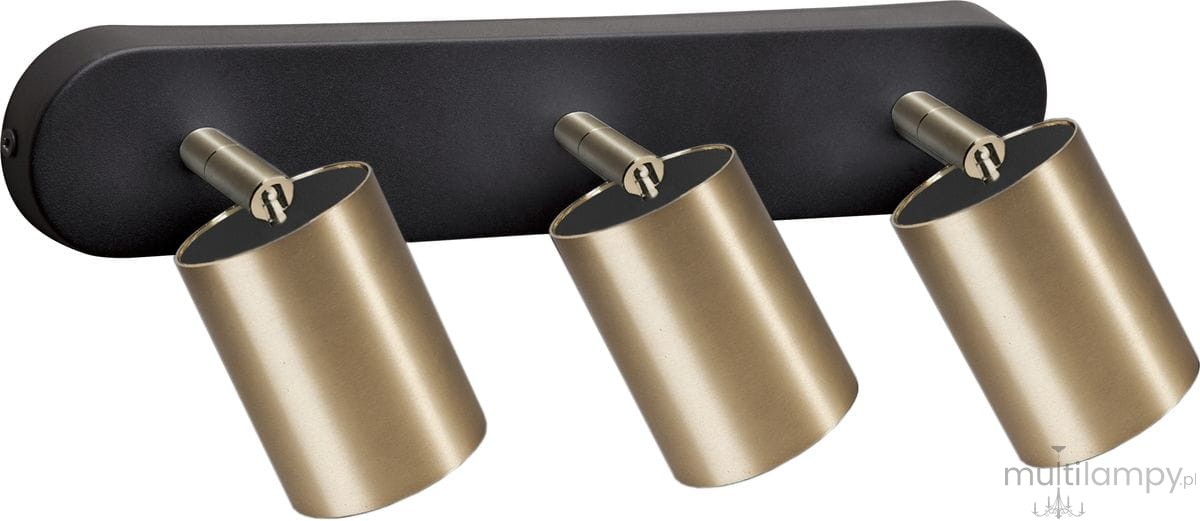 Lampa sufitowa Eye Spot 3-punktowa w kolorze czarnym z mosiężnymi reflektorami. Ułożona poziomo, z trzema ruchomymi punktami świetlnymi, które można kierować. Metalowa konstrukcja, minimalistyczny design, idealna do nowoczesnych wnętrz.
