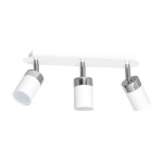 Lampa sufitowa Joker 3-punktowa w kolorze białym, z metalowymi elementami w kolorze chromu. Posiada trzy ruchome reflektory o cylindrycznym kształcie, montowana na prostokątnej podstawie. Idealna do oświetlenia wnętrz.
