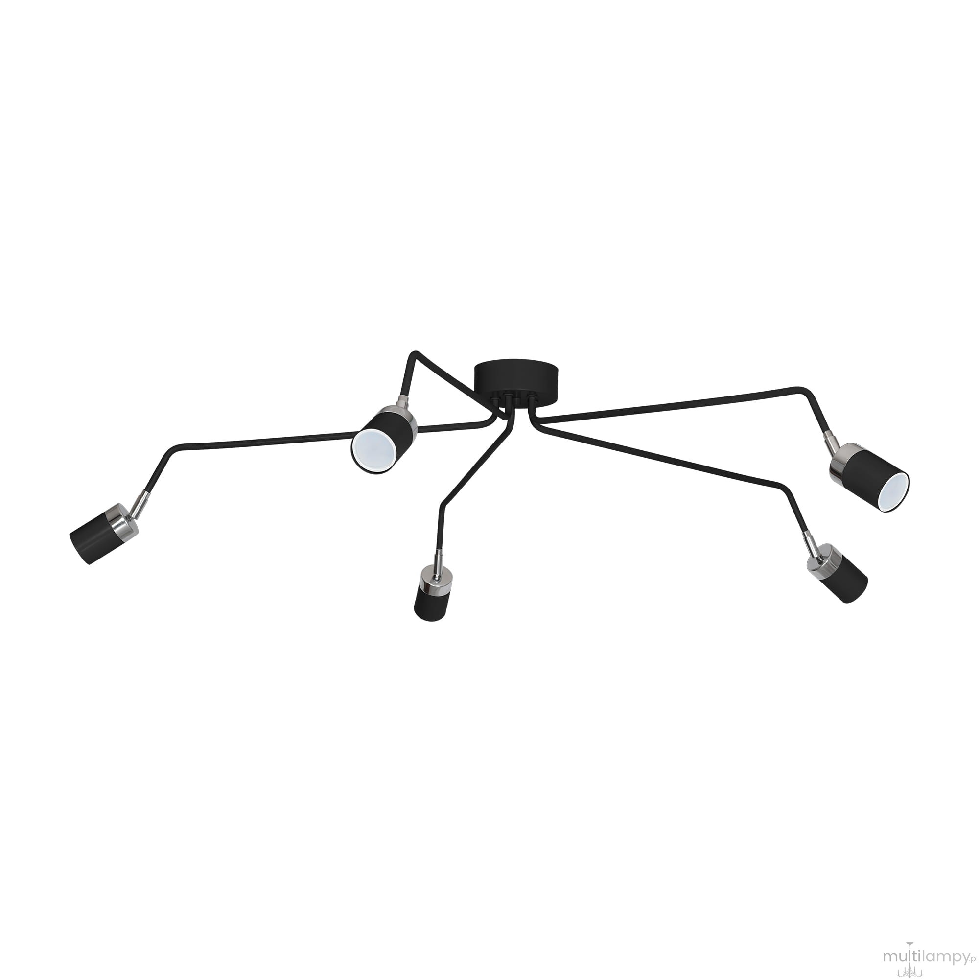 Czarna lampa sufitowa Joker 5-punktowa z metalowymi ramionami, skierowanymi w różnych kierunkach. Każde z pięciu źródeł światła ma okrągłą, jasną głowicę. Montaż na suficie, minimalistyczny design, idealna do nowoczesnych wnętrz.