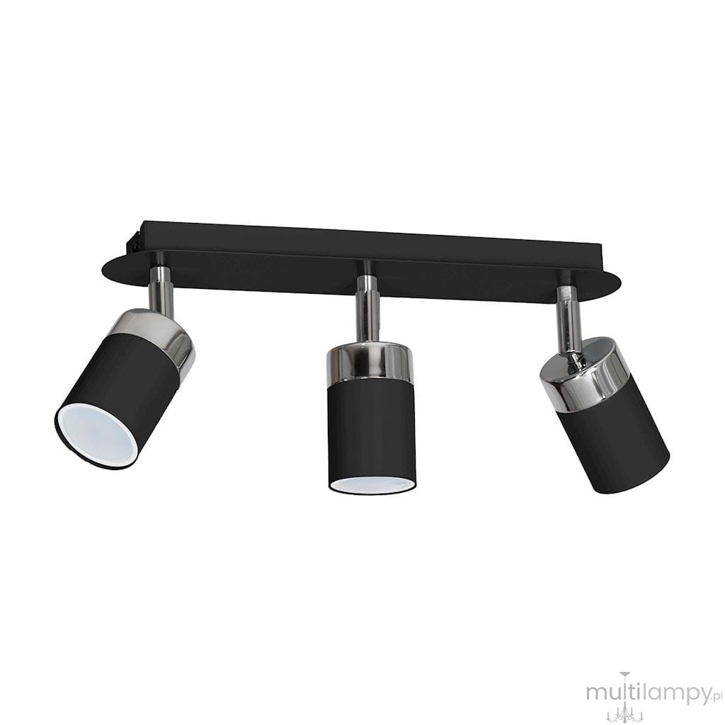 Trzypunktowa lampa sufitowa Joker w kolorze czarnym, z metalowymi detalami w odcieniu srebrnym. Zamontowana na prostokątnej, czarnej podstawie, z regulowanymi reflektorami w formie cylindrów. Idealna do nowoczesnych wnętrz.