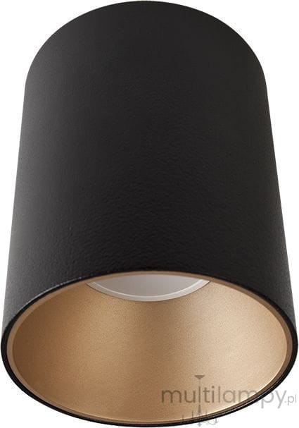 Lampa sufitowa Eye Tone 1-punktowa w kolorze czarnym z wewnętrzną złotą powłoką. Posiada cylindryczny kształt, matową powierzchnię i jest zamontowana na suficie, skierowana w dół. Idealna do nowoczesnych wnętrz.