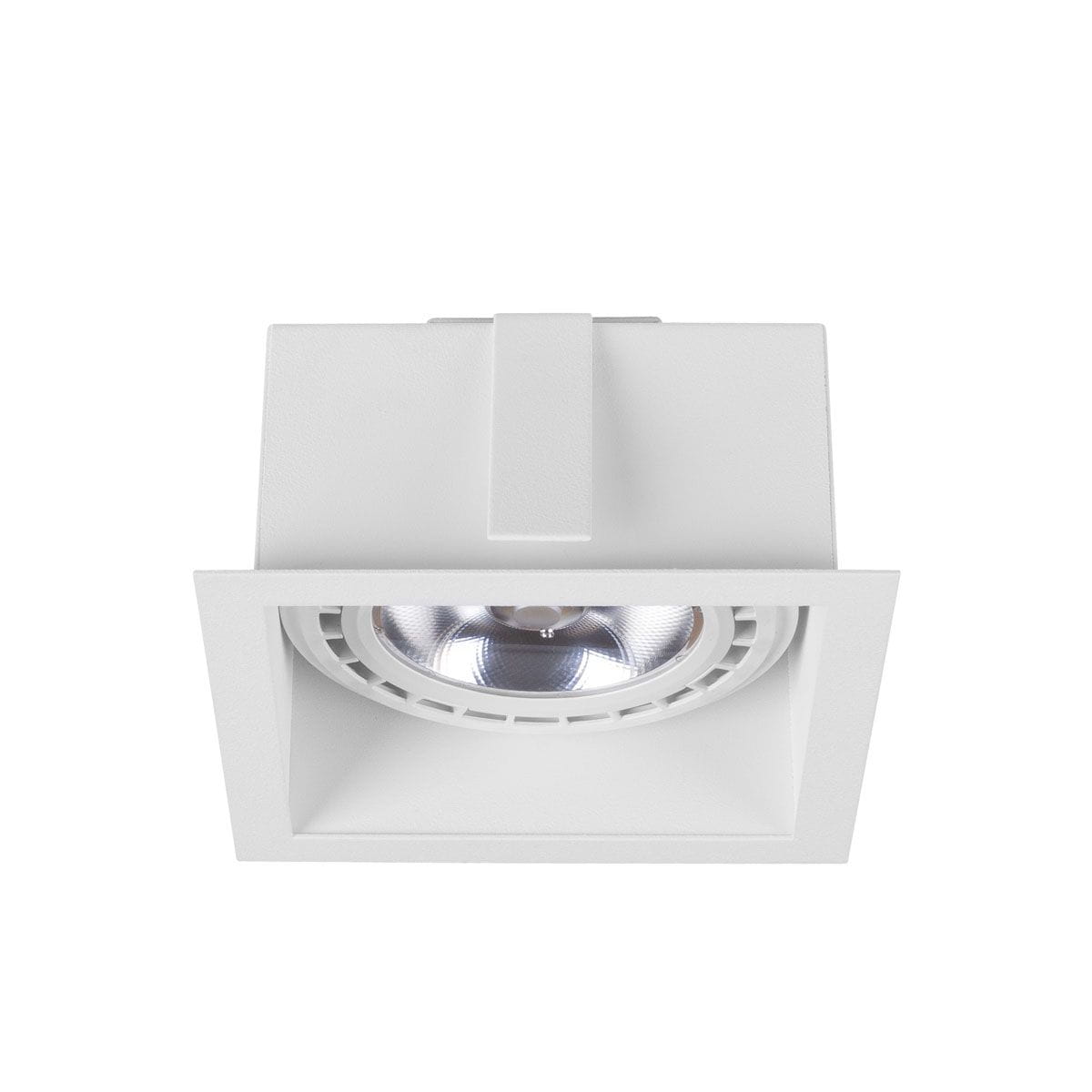 Biała lampa sufitowa Mod 1-punktowa, kwadratowa, z regulowanym źródłem światła. Ujęcie z góry, pokazujące szczegóły designu oraz metalliczny klosz. Idealna do nowoczesnych wnętrz.