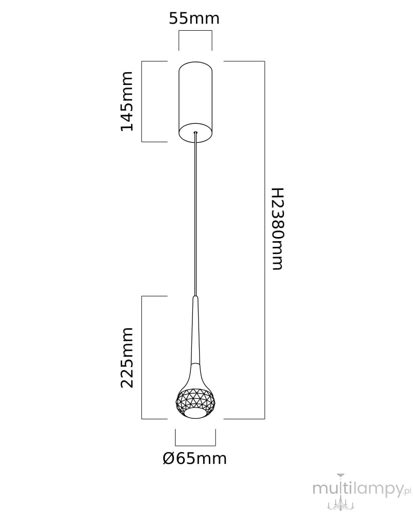 Lampa wisząca Crima Cromo LED 1-punktowa, z okrągłym, białym mocowaniem o średnicy 55 mm i długości 145 mm. Zawieszona na cienkim przewodzie, zakończona kloszem w kształcie kuli o średnicy 65 mm, wykonanym z perforowanego materiału, o wysokości 225 mm.