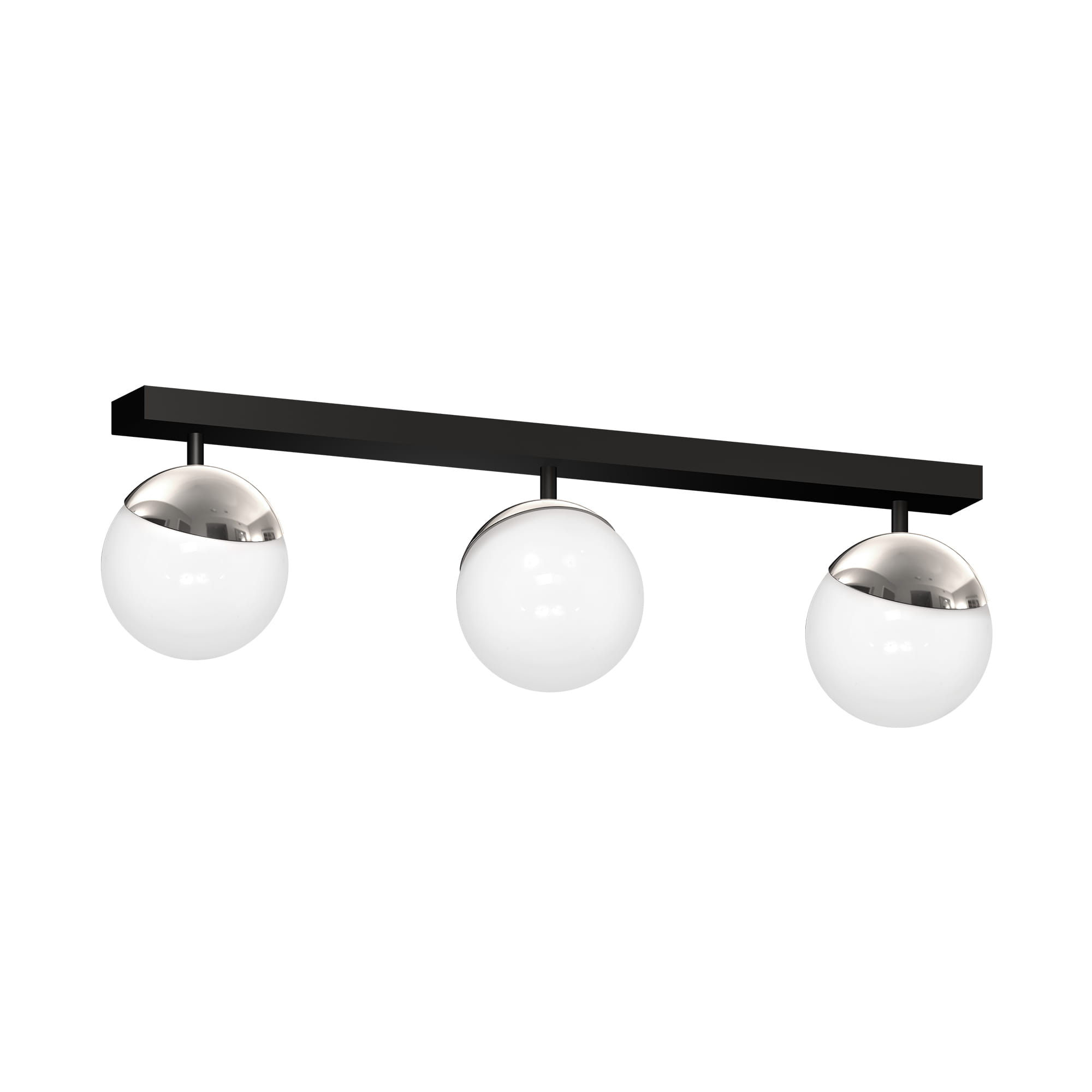 Lampa sufitowa 3-punktowa Sfera w chromowanej obudowie. Prosta, czarna belka z trzema białymi kulistymi lampami, z metalicznymi akcentami. Ujęcie frontalne, produkt wiszący, idealny do nowoczesnych wnętrz.