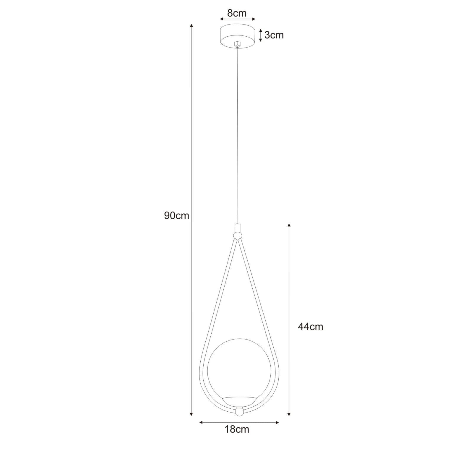 Lampa wisząca Neve K-4770 o wysokości 90 cm i średnicy 18 cm, z okrągłym kloszem w kształcie kropli, zawieszona na cienkim przewodzie. Montaż sufitowy z okrągłą podstawą o średnicy 8 cm. Prosty, nowoczesny design.