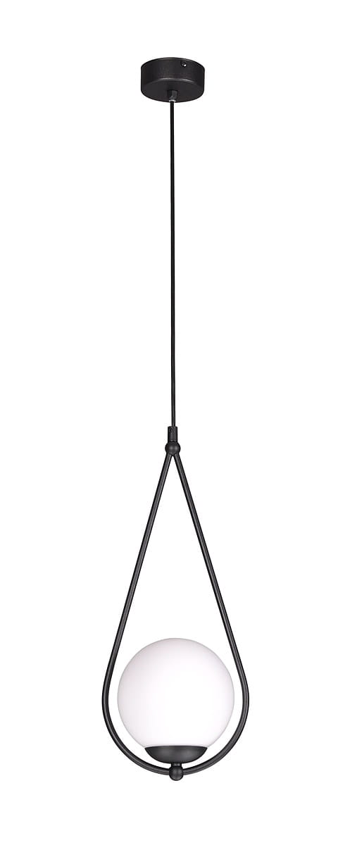 Lampa wisząca Neve K-4770 w kształcie kropli, z czarnym metalowym stelażem i matową, białą szklaną kulą. Ujęcie z boku, zawieszona na długim przewodzie, idealna do nowoczesnych wnętrz.
