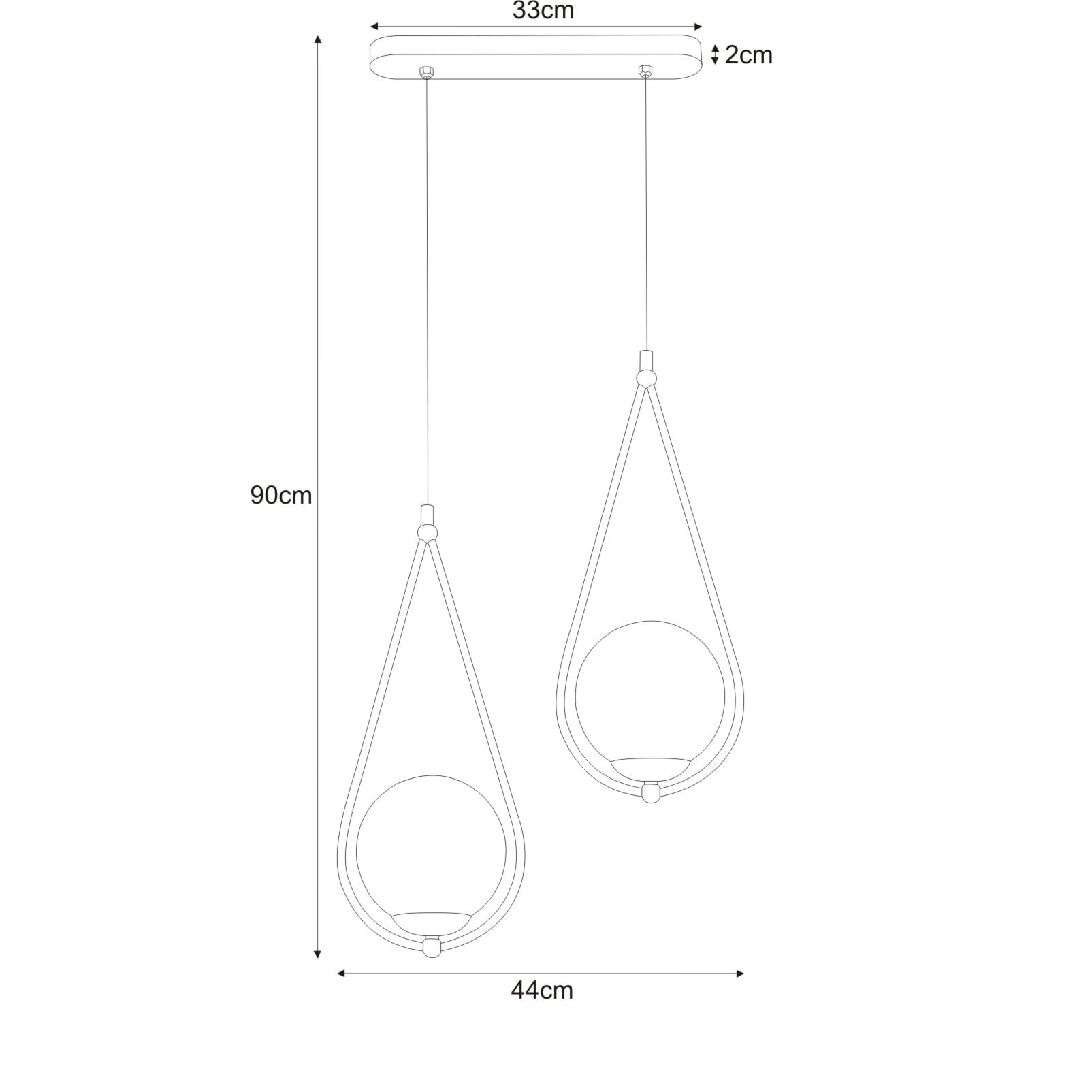 Lampa wisząca Neve 2-punktowa K-4771 w kształcie kropli, z dwoma okrągłymi kloszami. Wymiary: długość 90 cm, szerokość 44 cm, podstawa 33 cm. Dwa zwisy na równych wysokościach, minimalistyczny design. Idealna do nowoczesnych wnętrz.