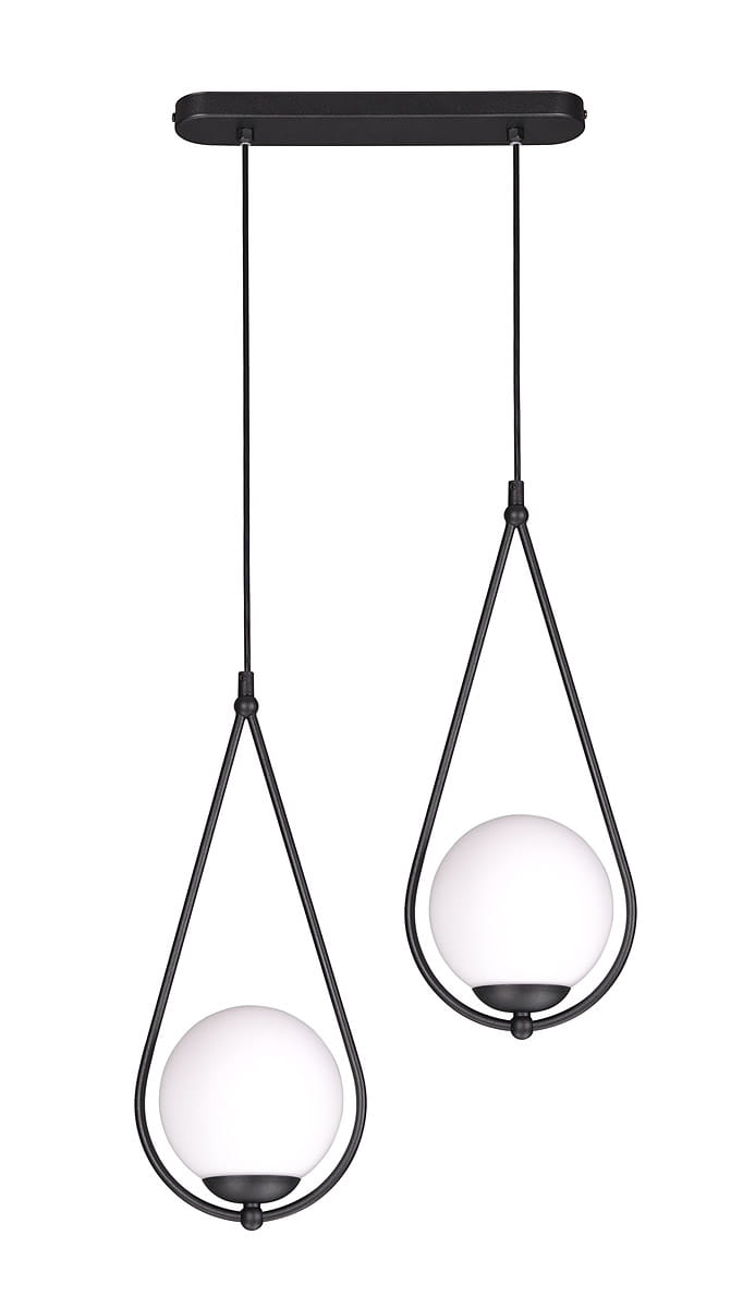 Lampa wisząca Neve K-4771 z dwoma okrągłymi kloszami w białym kolorze, zawieszona na cienkich czarnych linkach. Klosze mają kształt kulisty, osadzone w metalowych oprawach. Całość zamontowana na prostokątnej, czarnej podstawie.