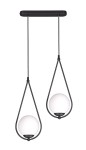 Lampa wisząca Neve K-4771 z dwoma okrągłymi kloszami w białym kolorze, zawieszona na cienkich czarnych linkach. Klosze mają kształt kulisty, osadzone w metalowych oprawach. Całość zamontowana na prostokątnej, czarnej podstawie.