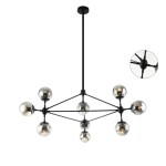 Lampa wisząca Bao Neo Fume z 10 punktami świetlnymi, o strukturze z czarnych metalowych ramion i szklanych kulistych kloszach w odcieniu dymionym. Zawieszona na długim drążku, w nowoczesnym stylu.