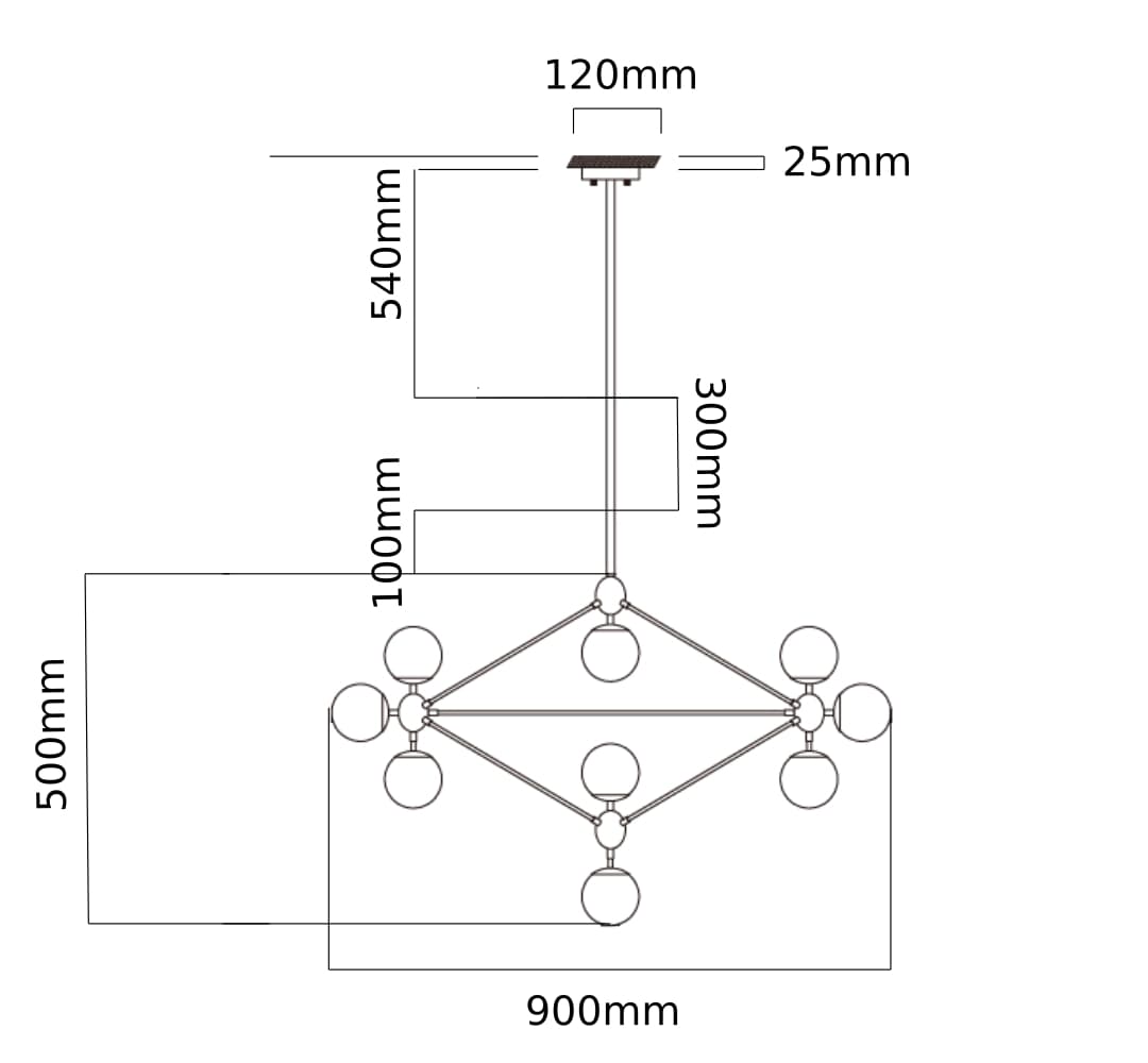 Lampa wisząca Bao Neo Fume z 10 punktami świetlnymi, o geometrycznym kształcie. Wymiary: 900 mm szerokości, 500 mm wysokości. Wbudowane okrągłe klosze, zawieszenie na cienkim drucie, minimalistyczny design. Idealna do nowoczesnych wnętrz.
