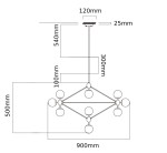Lampa wisząca Bao Neo Fume z 10 punktami świetlnymi, o geometrycznym kształcie. Wymiary: 900 mm szerokości, 500 mm wysokości. Wbudowane okrągłe klosze, zawieszenie na cienkim drucie, minimalistyczny design. Idealna do nowoczesnych wnętrz.