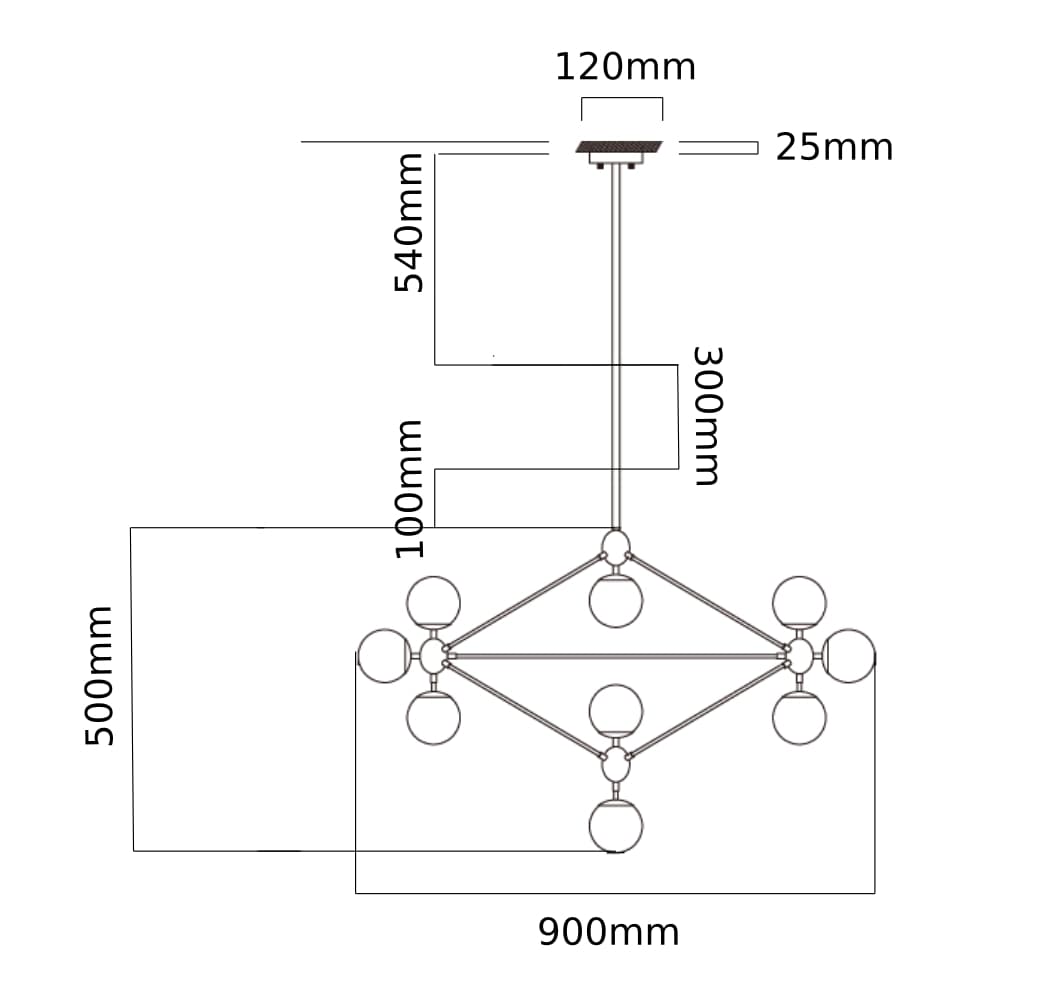 Lampa wisząca Bao Neo Claro, 10-punktowa, w geometrycznym kształcie. Wymiary: 900 mm szerokości, 500 mm wysokości. Posiada okrągłe klosze zawieszone na cienkich metalowych linkach. Kolor: metaliczny, z białymi kloszami.