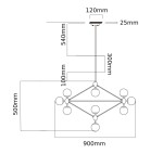 Lampa wisząca Bao Neo Claro, 10-punktowa, w geometrycznym kształcie. Wymiary: 900 mm szerokości, 500 mm wysokości. Posiada okrągłe klosze zawieszone na cienkich metalowych linkach. Kolor: metaliczny, z białymi kloszami.