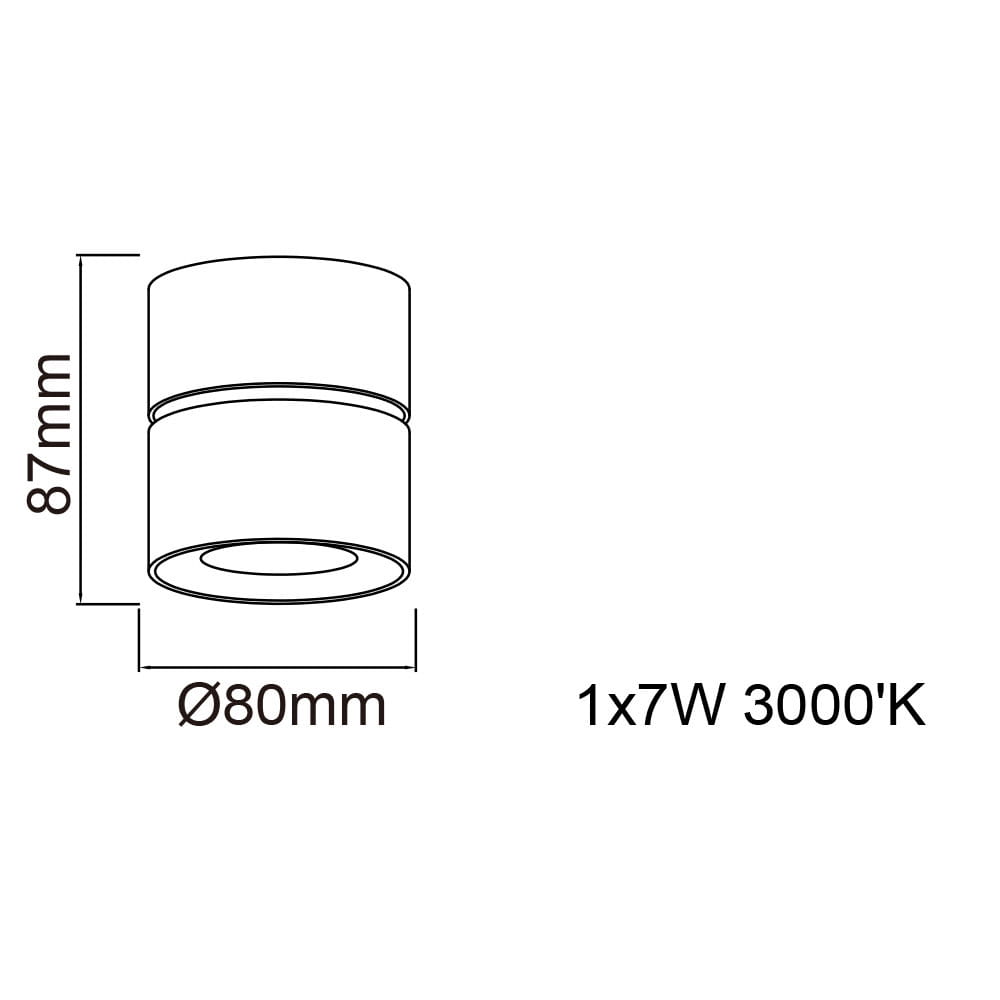 Mone Bianco LED lampa sufitowa 1-punktowa w kolorze białym, o wymiarach Ø80 mm i wysokości 87 mm. Wyposażona w źródło światła 1x7W, 3000K. Prosty, cylindryczny kształt, montowana na suficie.