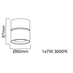Mone Bianco LED lampa sufitowa 1-punktowa w kolorze białym, o wymiarach Ø80 mm i wysokości 87 mm. Wyposażona w źródło światła 1x7W, 3000K. Prosty, cylindryczny kształt, montowana na suficie.