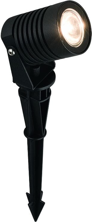 Spike LED oprawa dogruntowa 1-punktowa, czarna, z okrągłą głowicą i rurowym stelażem zakończonym szpicem do łatwego montażu w ziemi. Wbudowana dioda LED zapewnia punktowe oświetlenie, idealna do oświetlenia ogrodów i ścieżek.