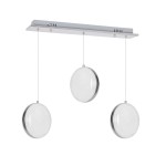 Lira LED lampa wisząca 3-punktowa z metalową, srebrną belką i trzema okrągłymi, przezroczystymi kloszami z drobnymi wtrąceniami. Klosze zawieszone na cienkich linkach, tworzą nowoczesny wygląd.