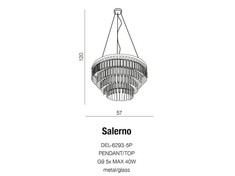 Lampa wisząca Salerno 5-punktowa, o średnicy 57 cm i wysokości 120 cm, wykonana z metalu i szkła. Posiada pięć miejsc na żarówki G9, maksymalna moc 40W. Kształt okrągły z efektownym wykończeniem.