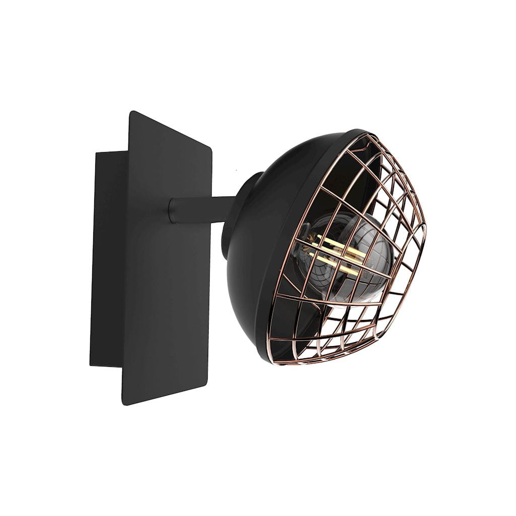 Logan kinkiet 1-punktowy ML4609 w kolorze czarnym z metalową siatką w odcieniu miedzi. Lampa montowana na ścianie, z okrągłą głowicą, z widoczną żarówką wewnątrz. Prosty design, idealny do nowoczesnych wnętrz.