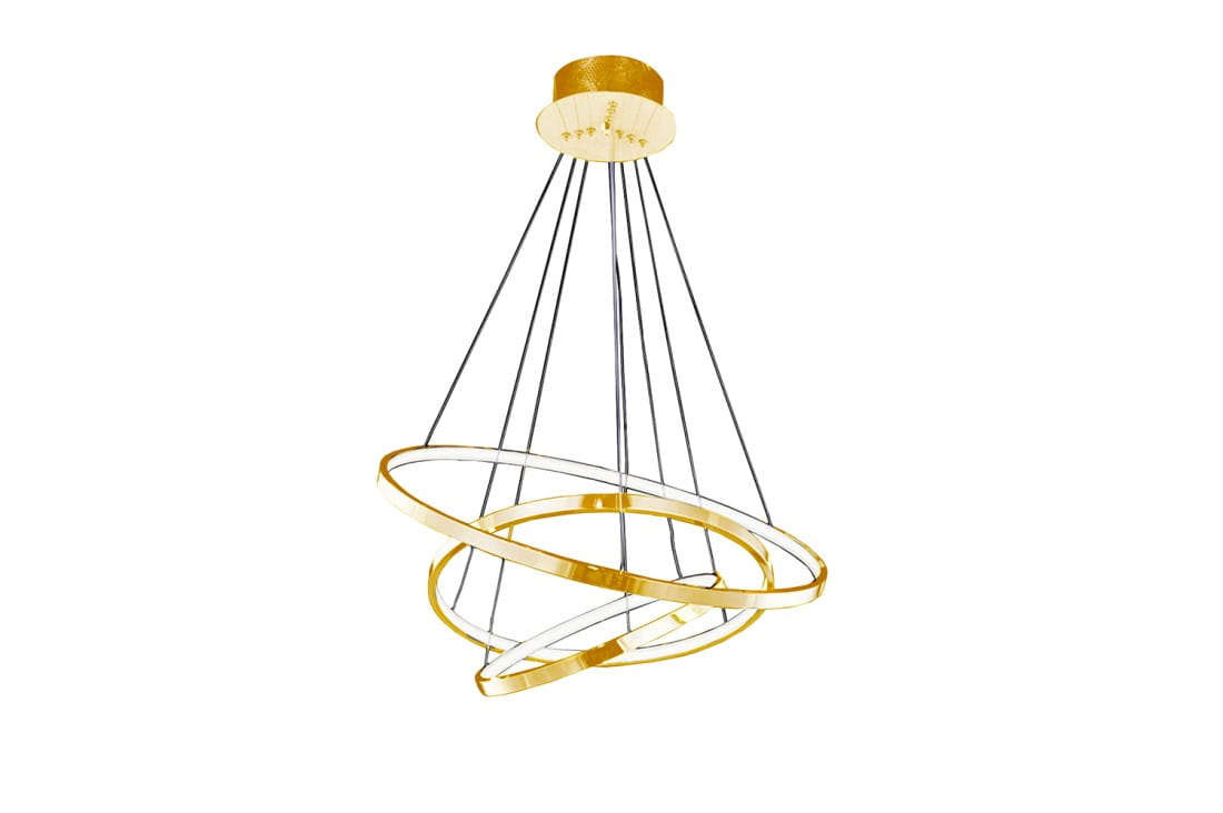 Złota lampa wisząca Wheel 3 Dimm z trzema okręgami, zawieszona na czarnych linkach. Okręgi mają różne rozmiary i są lekko zaokrąglone, co nadaje nowoczesny wygląd. Montaż sufitowy, z widocznymi elementami mocującymi.